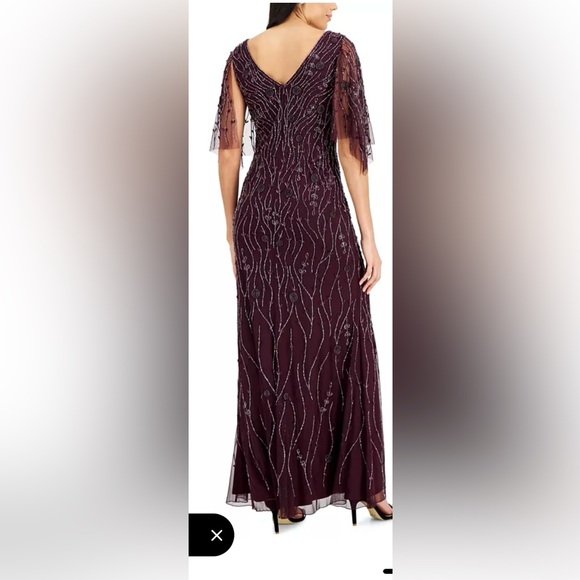 V-Neck Beaded Flutter Sleeve Formal Gown. Mother of the Bride Dress - Picture 5 of 8